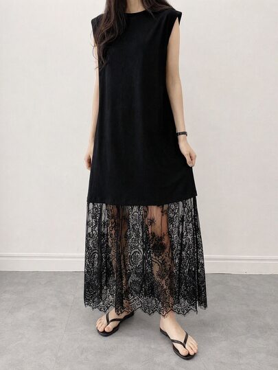 Easowa Women's Chic Black Floral Summer Lace Patchwork Sleeveless Long Dress Casual Going Out Outfits Solid Soft Vacation Outfits Party Night Night Out