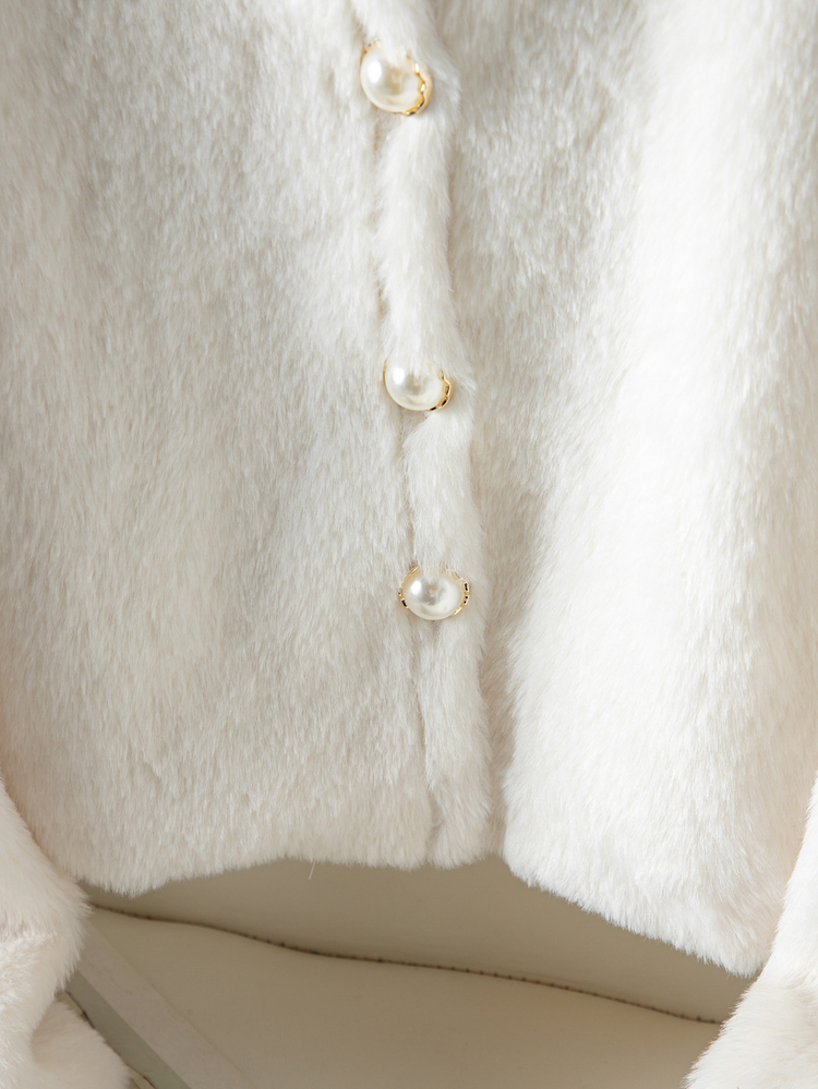 Tween Girl Autumn/Winter Elegant Glamorous Round Neck Faux Pearl Button Plush Jacket - White - View 8
