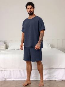 DAZY Men's Solid Dark Grey Pajama Set, Summer - Navy Blue - View 3