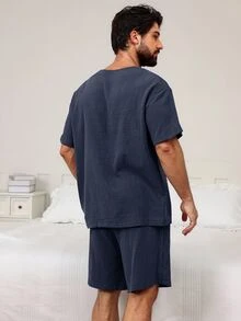 DAZY Men's Solid Dark Grey Pajama Set, Summer - Navy Blue - View 2