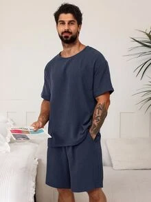 DAZY Men's Solid Dark Grey Pajama Set, Summer - Navy Blue - View 6