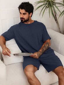 DAZY Men's Solid Dark Grey Pajama Set, Summer - Navy Blue - View 4