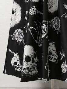 DreamSkyne Vintage Skull & Rose Print Plus Size Cold Shoulder Dress Halloween - Multicolor - View 7