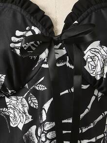 DreamSkyne Vintage Skull & Rose Print Plus Size Cold Shoulder Dress Halloween - Multicolor - View 8