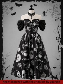 DreamSkyne Vintage Skull & Rose Print Plus Size Cold Shoulder Dress Halloween - Multicolor - View 3