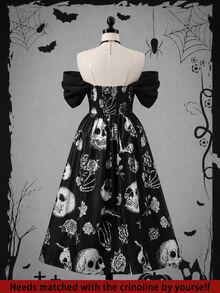 DreamSkyne Vintage Skull & Rose Print Plus Size Cold Shoulder Dress Halloween - Multicolor - View 2