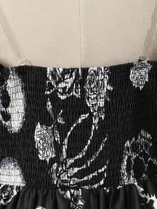 DreamSkyne Vintage Skull & Rose Print Plus Size Cold Shoulder Dress Halloween - Multicolor - View 5