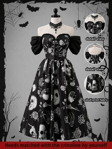 DreamSkyne Vintage Skull & Rose Print Plus Size Cold Shoulder Dress Halloween - Multicolor - View 1