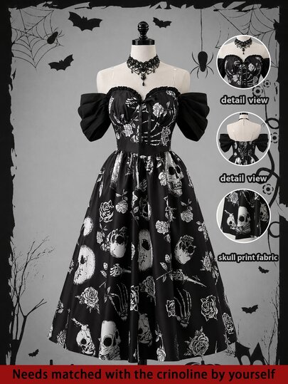 DreamSkyne Vintage Skull & Rose Print Plus Size Cold Shoulder Dress Halloween