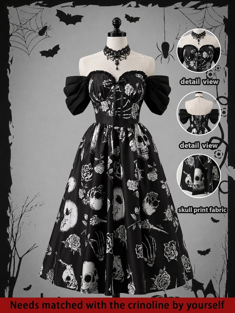 DreamSkyne Vintage Skull & Rose Print Plus Size Cold Shoulder Dress Halloween - Multicolor - View 1