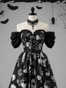 DreamSkyne Vintage Skull & Rose Print Plus Size Cold Shoulder Dress Halloween - Multicolor - View 4