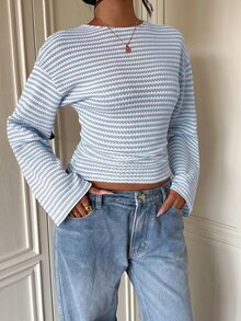 Aloruh Women's Striped Textured Fabric Waist-Cinching T-Shirt - Baby Blue - View 3