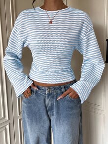 Aloruh Women's Striped Textured Fabric Waist-Cinching T-Shirt - Baby Blue - View 6