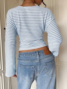 Aloruh Women's Striped Textured Fabric Waist-Cinching T-Shirt - Baby Blue - View 2