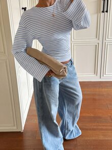 Aloruh Women's Striped Textured Fabric Waist-Cinching T-Shirt - Baby Blue - View 4