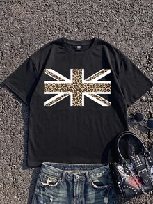 SHEIN EZwear 休閒極簡豹紋米字旗圖案大尺寸女款T恤，圓領短袖超寬鬆，適合返校、畢業、開學季 - 黑色 - 查看 8