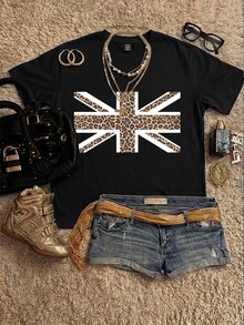 SHEIN EZwear 休閒極簡豹紋米字旗圖案大尺寸女款T恤，圓領短袖超寬鬆，適合返校、畢業、開學季 - 黑色 - 查看 7