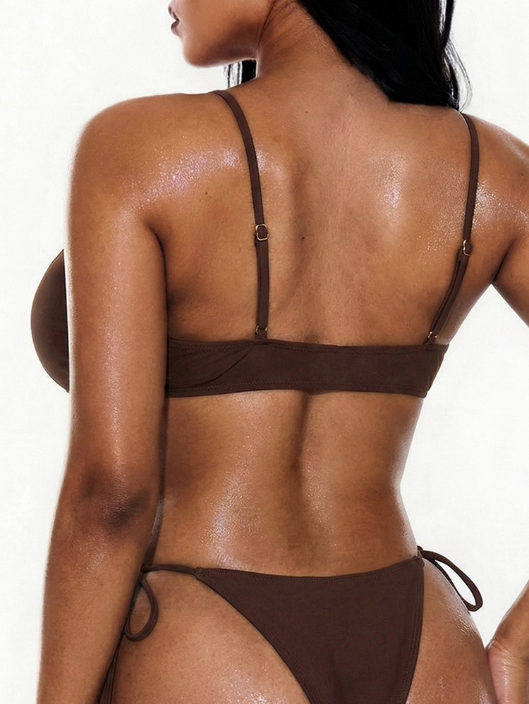 Swim Basics Summer Beach Ruched Bra & Knot Tie Side Swim Bottom Bikini Set Bathing Suit - Coffee Brown - View 2