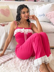 SweetSlumber Sweet Summer INS Lace Trim Contrast Edge Women's Pajama Set - Hot Pink - View 5