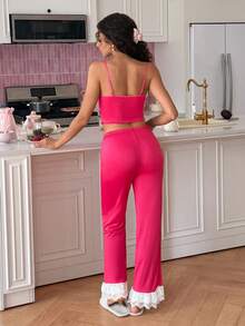 SweetSlumber Sweet Summer INS Lace Trim Contrast Edge Women's Pajama Set - Hot Pink - View 2