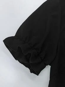 Elenzga Plus Size Elegant Solid Color Collared Blouse For Commuting - Black - View 4