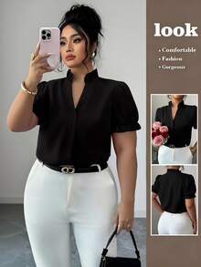 Elenzga Plus Size Elegant Solid Color Collared Blouse For Commuting - Black - View 1