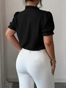 Elenzga Plus Size Elegant Solid Color Collared Blouse For Commuting - Black - View 2