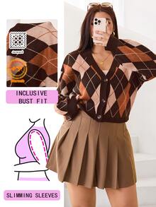 Solflare Plus Size Vintage Argyle Jacquard Button-Up Knit Cardigan - Multicolor - View 1