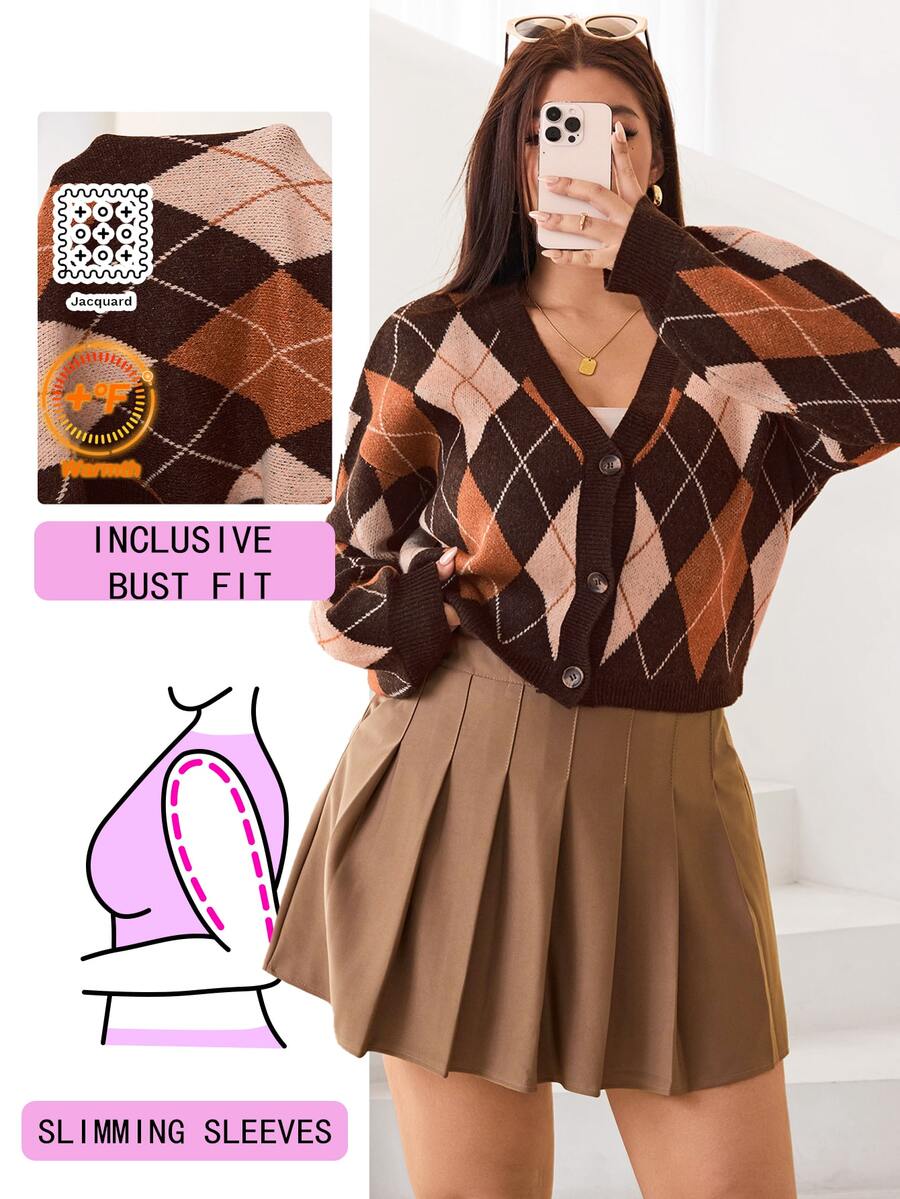 Solflare Plus Size Vintage Argyle Jacquard Button-Up Knit Cardigan - Multicolor - View 1