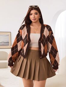 Solflare Plus Size Vintage Argyle Jacquard Button-Up Knit Cardigan - Multicolor - View 3