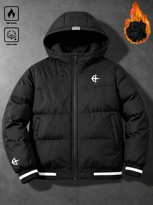 Manfinity EMRG 男士保暖內裡絎縫牛仔拉鍊連帽冬季羽絨外套 - 黑色 - 查看 3