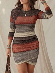 Wildy Autumn Colorblock Ribbed Long Sleeve Ruched Waist Fitted Elegant Boho Short Dress For Women, Winter Spring Knit Casual Summer Vacation Grey - Multicolor - View 6