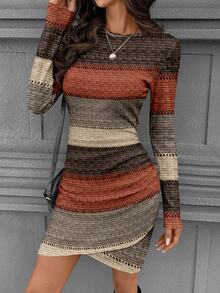 Wildy Autumn Colorblock Ribbed Long Sleeve Ruched Waist Fitted Elegant Boho Short Dress For Women, Winter Spring Knit Casual Summer Vacation Grey - Multicolor - View 4