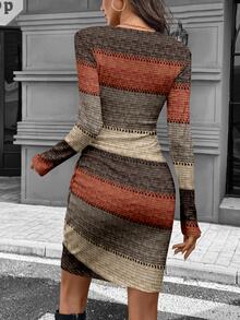 Wildy Autumn Colorblock Ribbed Long Sleeve Ruched Waist Fitted Elegant Boho Short Dress For Women, Winter Spring Knit Casual Summer Vacation Grey - Multicolor - View 2