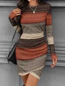 Wildy Autumn Colorblock Ribbed Long Sleeve Ruched Waist Fitted Elegant Boho Short Dress For Women, Winter Spring Knit Casual Summer Vacation Grey - Multicolor - View 3