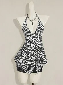 SHEIN ICON Camiseta de tirantes de mujer para verano con cuello halter, estampado de cebra y volantes en el bajo - Blanco y Negro - Ver 10