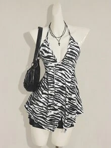 SHEIN ICON Camiseta de tirantes de mujer para verano con cuello halter, estampado de cebra y volantes en el bajo - Blanco y Negro - Ver 4