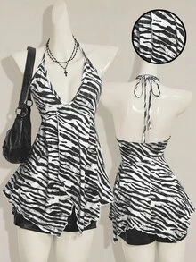 SHEIN ICON Camiseta de tirantes de mujer para verano con cuello halter, estampado de cebra y volantes en el bajo - Blanco y Negro - Ver 1