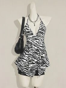 SHEIN ICON Camiseta de tirantes de mujer para verano con cuello halter, estampado de cebra y volantes en el bajo - Blanco y Negro - Ver 9