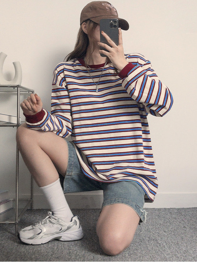 DAZY Women's Striped Crew Neck Drop Shoulder Long Sleeve Loose T-Shirt Oversized T Shirts For Women Vacation