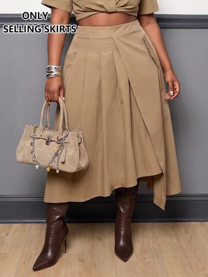 Slaydiva Ženska midi suknja plus size u boji kaki, omotana, asimetrična i plisirana, s džepom, elegantna ležerna svestrana jesenjska suknja za izlaske i spojsajte večeri