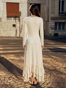 SHEIN Asymmetrical Ruffle Hem Cinched Cinched Waist Long Base Dress Vacation Beach White Autumn Boho - Pale Yellow - View 3