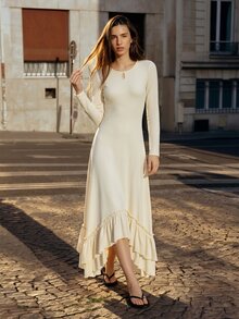SHEIN Asymmetrical Ruffle Hem Cinched Cinched Waist Long Base Dress Vacation Beach White Autumn Boho - Pale Yellow - View 5