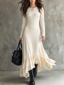SHEIN Asymmetrical Ruffle Hem Cinched Cinched Waist Long Base Dress Vacation Beach White Autumn Boho - Pale Yellow - View 4