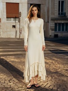 SHEIN Asymmetrical Ruffle Hem Cinched Cinched Waist Long Base Dress Vacation Beach White Autumn Boho - Pale Yellow - View 6