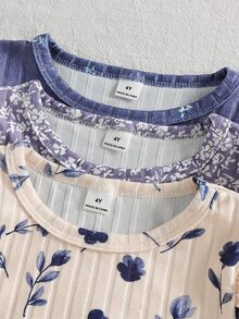 SHEIN 6件組女童小碎花圓領抓絨羅紋長袖上衣與長褲套裝，柔軟可愛休閒穿搭，適合秋冬日常穿著 - 彩色 - 查看 5
