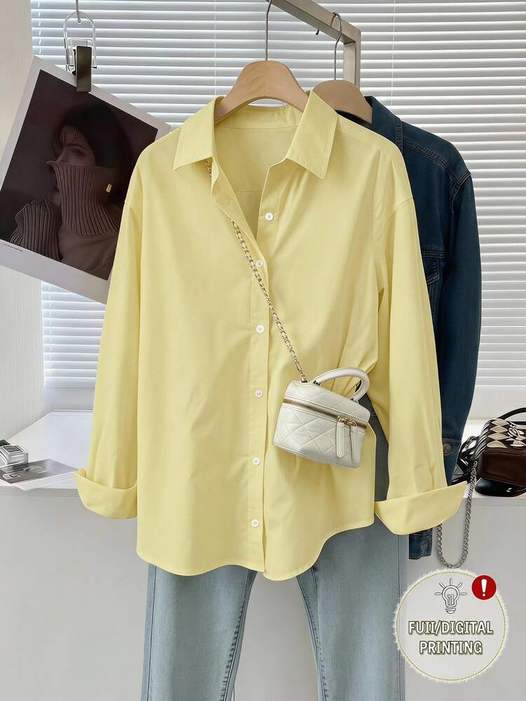 SHEIN Teen Girls Fall Tops Yellow Casual School Girl Autumn Teachers' Day Back-To-School Fashion Lapel Shirt Button Placket Loose Comfortab... - Yellow - View 1