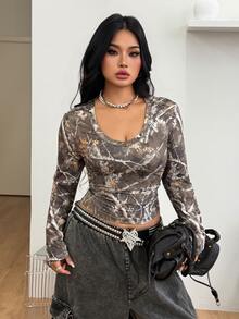 Coolane Women's Plus Size Fall Winter Streetwear Daily Wear Elegant Formal Going Out Comfortable Branch Print Stretchy V-Neck Long Sleeve T-Shirt - Army Green - View 7