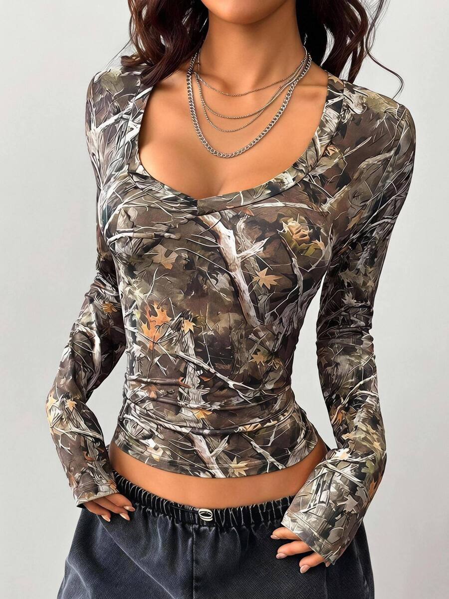 Coolane Women's Plus Size Fall Winter Streetwear Daily Wear Elegant Formal Going Out Comfortable Branch Print Stretchy V-Neck Long Sleeve T-Shirt