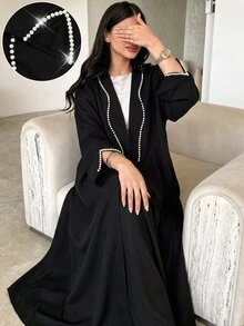 Yasmyna Pearl Decorated Cuff Split Hem Black Abaya Saudi National Day Going Out Black Fall/Winter - Black - View 3
